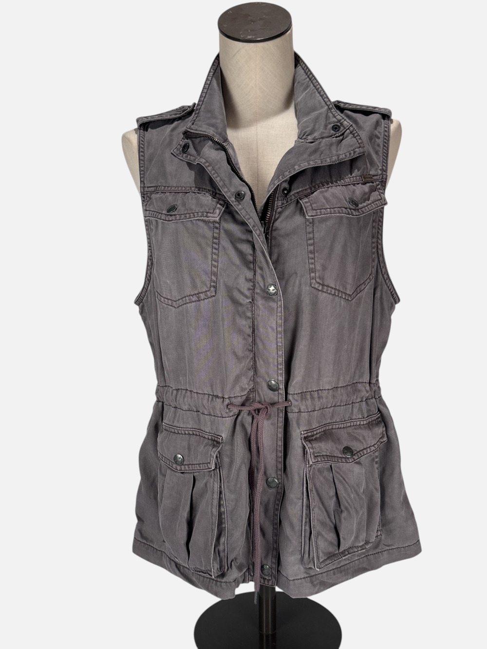 Women's LG Khaki Tencel Military Utility Vest Cargo Pockets Drawstring Gorpcore